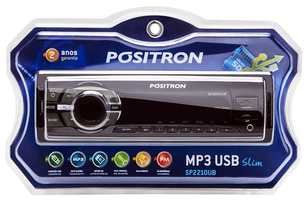 Som MP3 marca Pósitron vendido em embalagem tipo blister