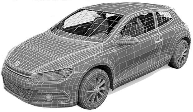 Desenho tipo wireframe gerado por computador de um automóvel